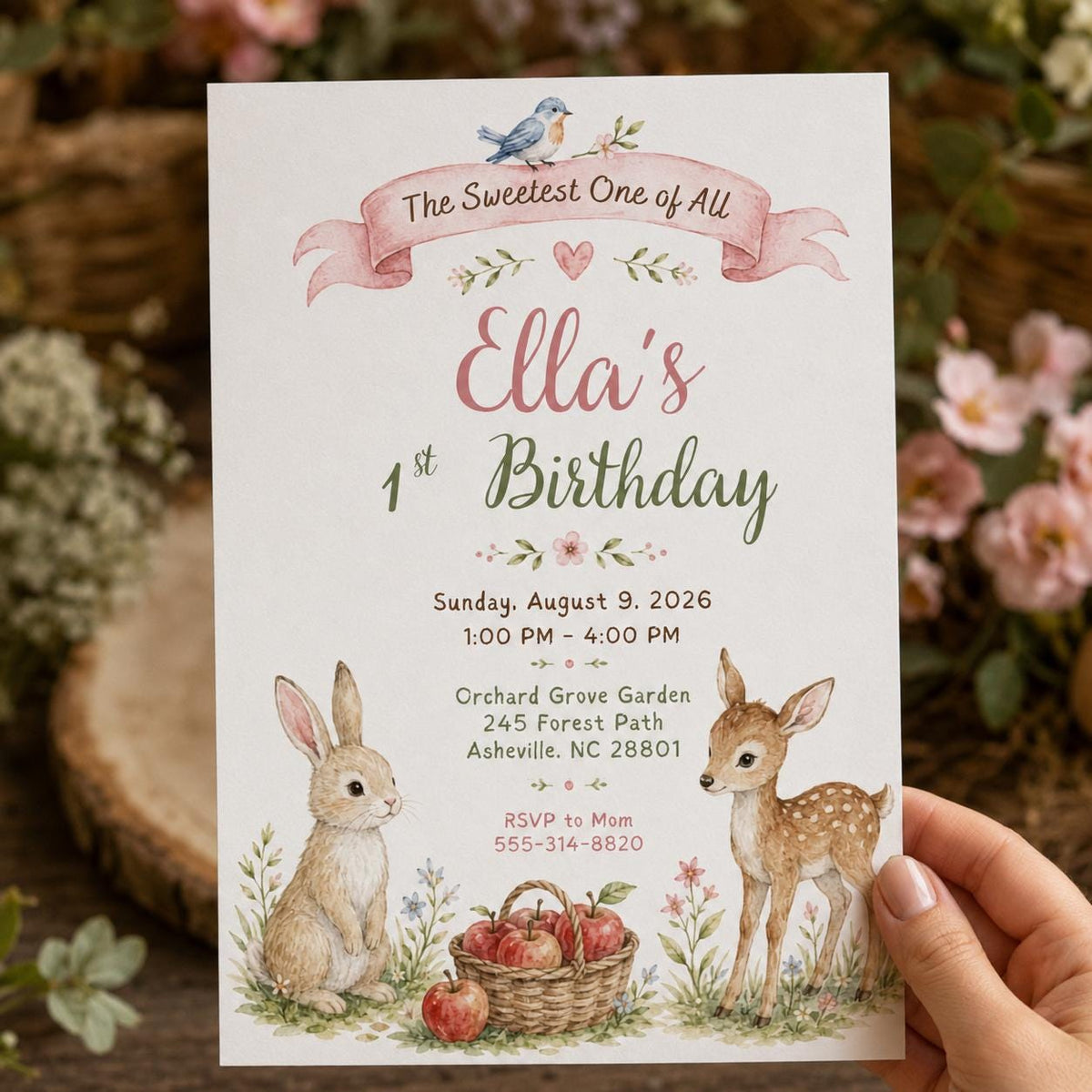 Watercolor Woodland First Birthday Invitation — digital invitation, instant download