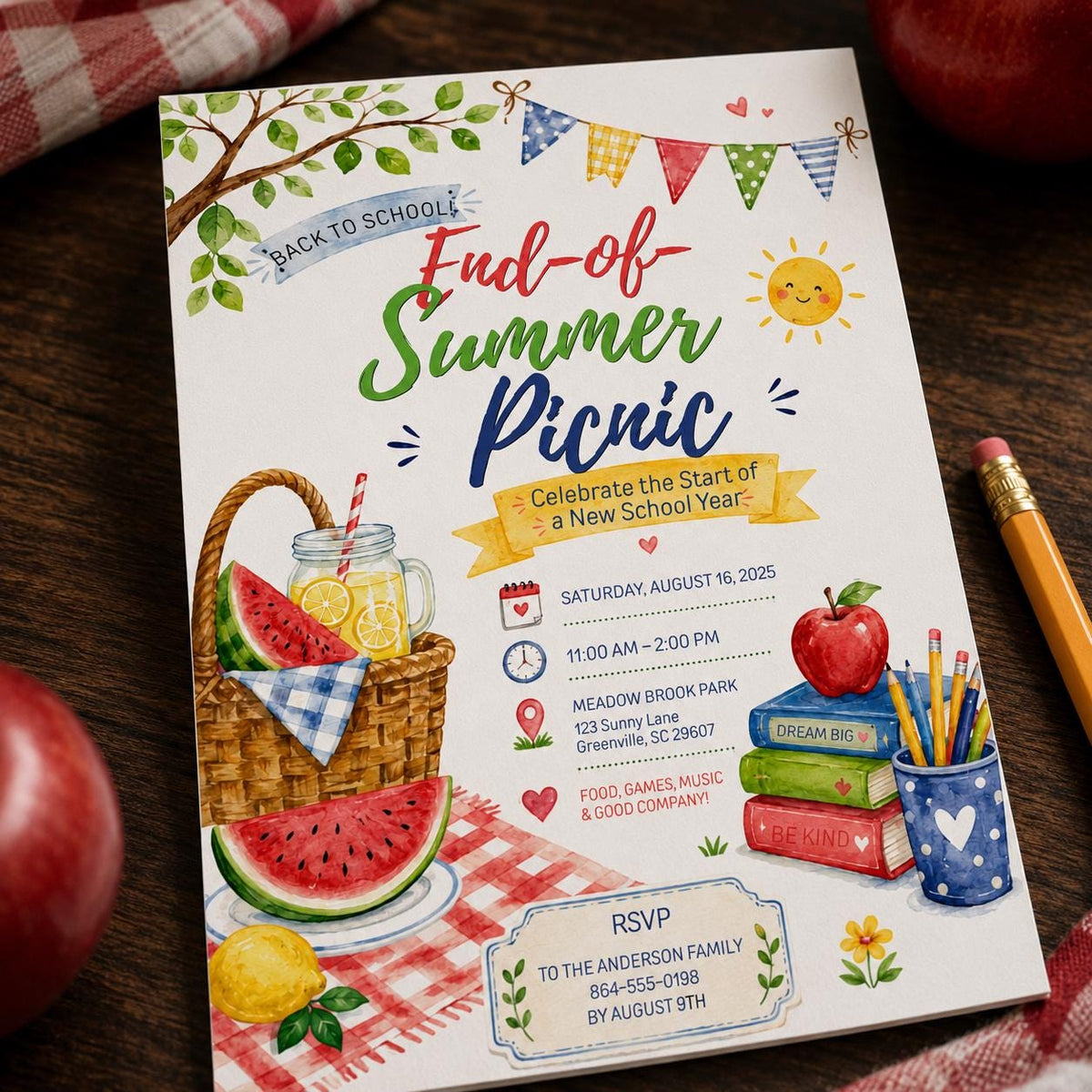 Watermelon Back to School Picnic Invitation — invitation you personalize in Canva