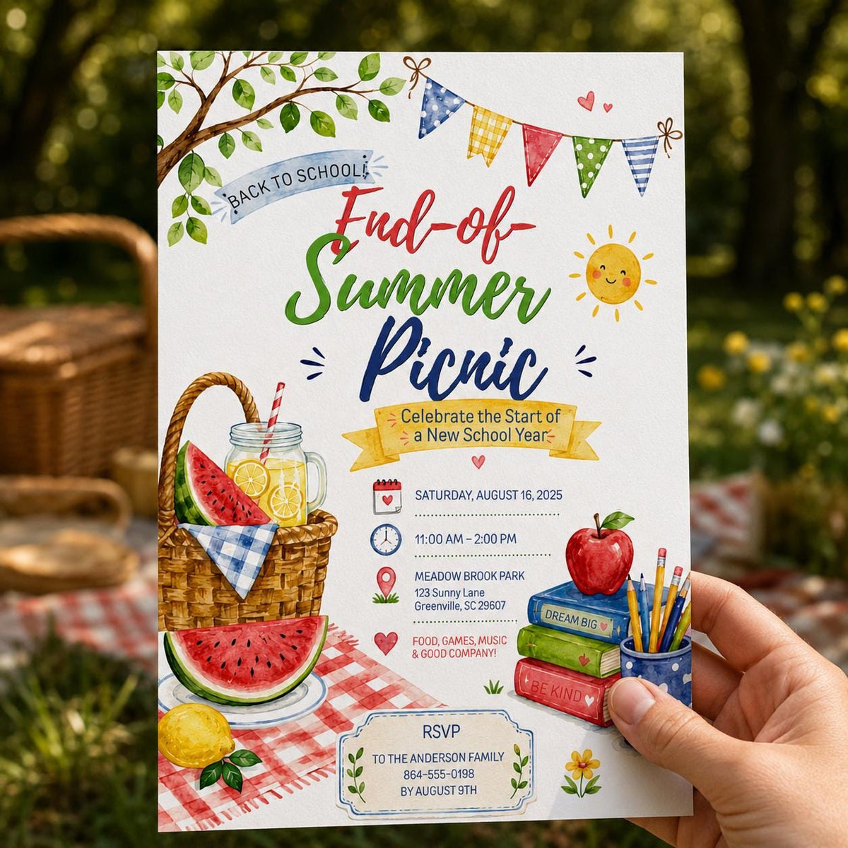 Watermelon Back to School Picnic Invitation — digital invitation, instant download
