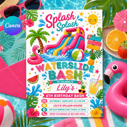 Waterslide Bash 6th Birthday Invitation — editable Canva template