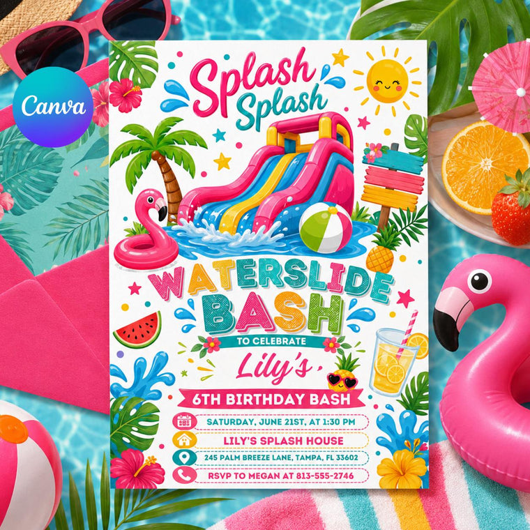 Waterslide Bash 6th Birthday Invitation