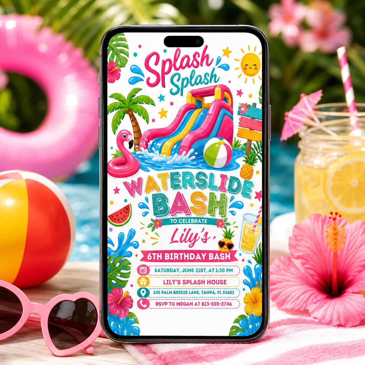 Waterslide Bash 6th Birthday Invitation in blue and green
