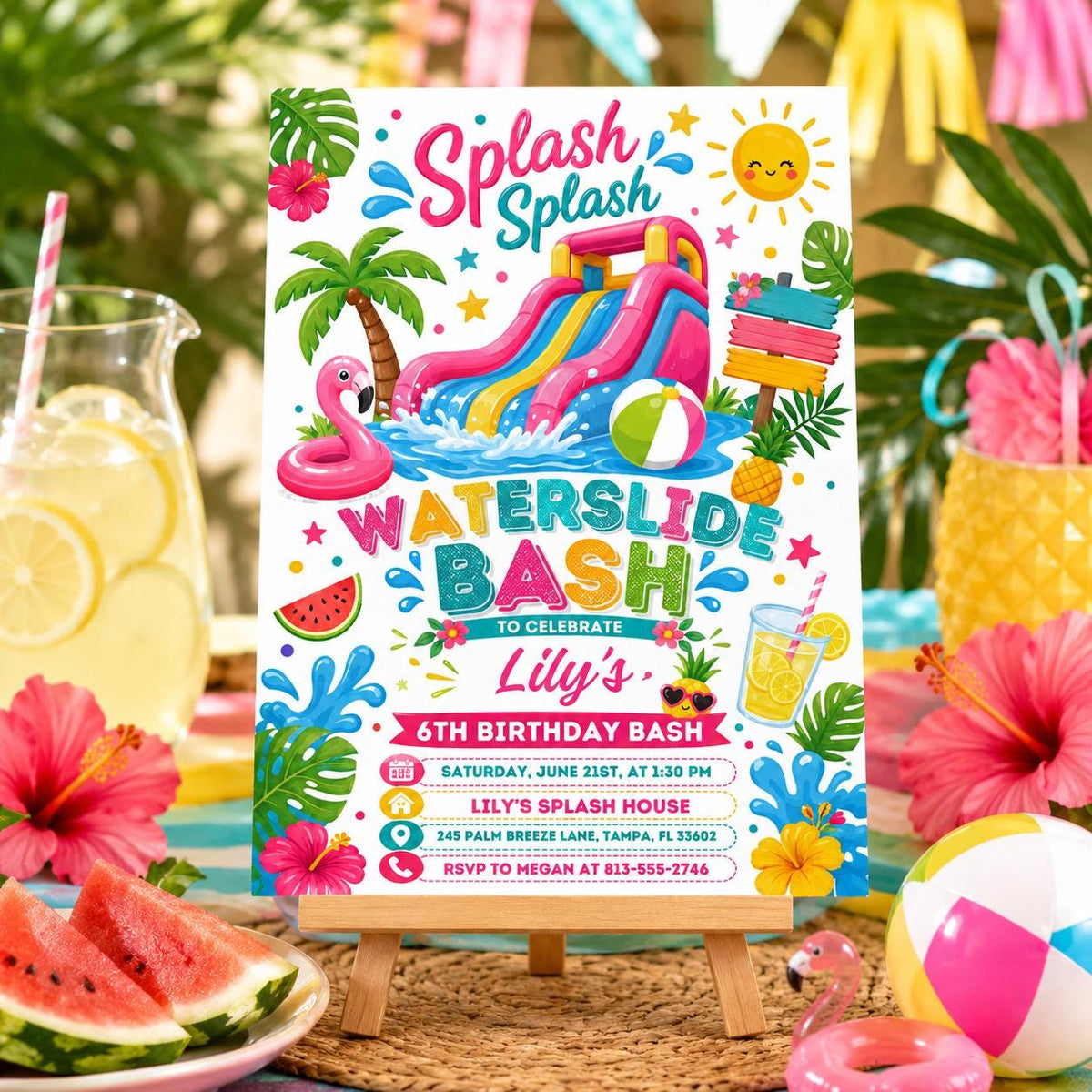 Waterslide Bash 6th Birthday Invitation — flamingo and water slide design