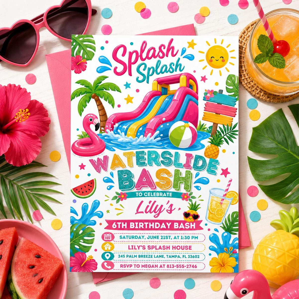 Waterslide Bash 6th Birthday Invitation — invitation you personalize in Canva
