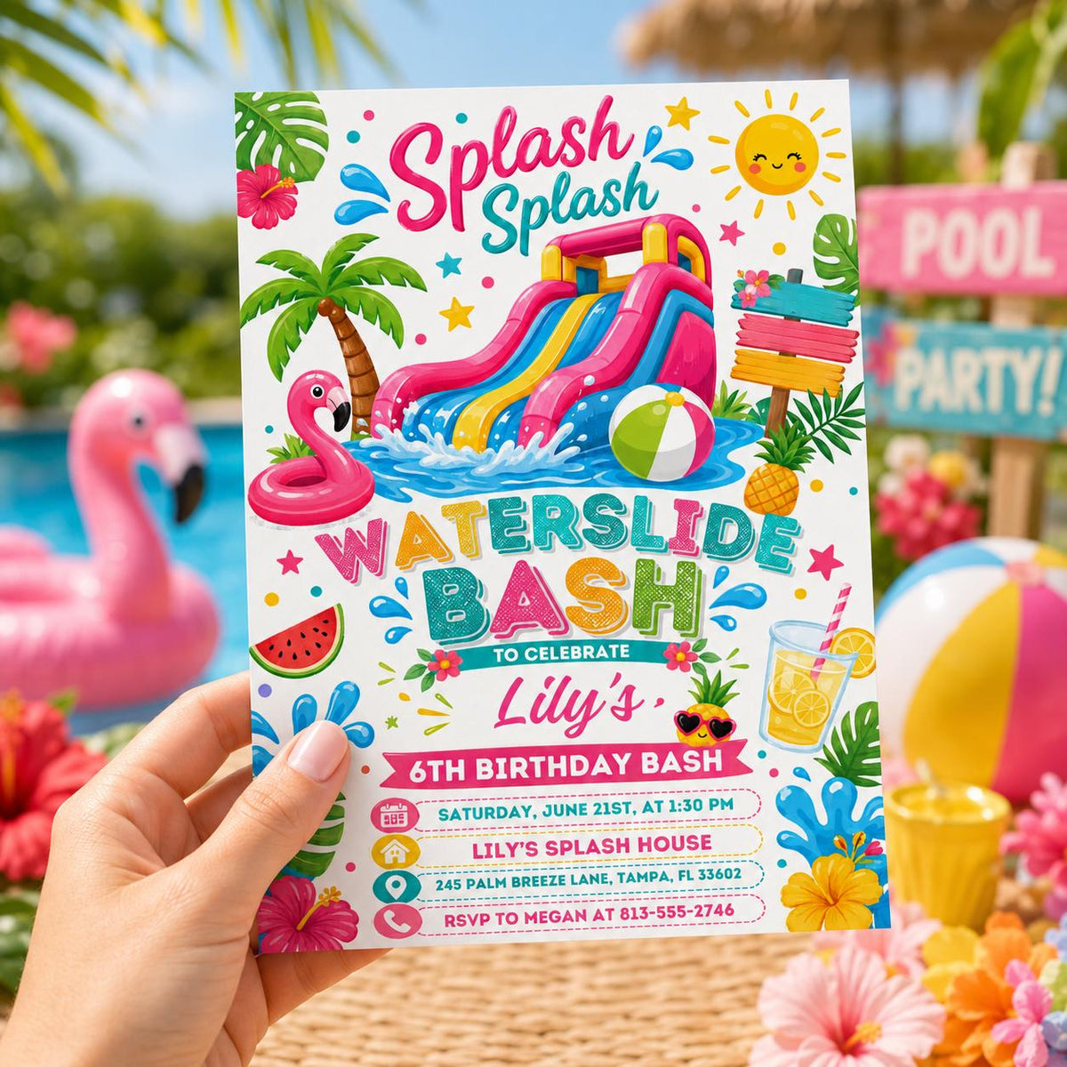 Waterslide Bash 6th Birthday Invitation — flamingo and water slide artwork in blue and green