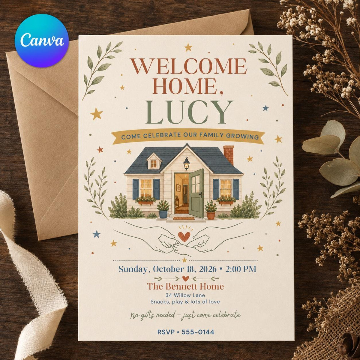 Welcome Home Party Invitation — editable Canva template