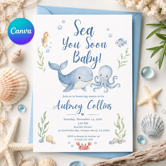 Whale Ocean Baby Shower Invitation for Boys — editable Canva template