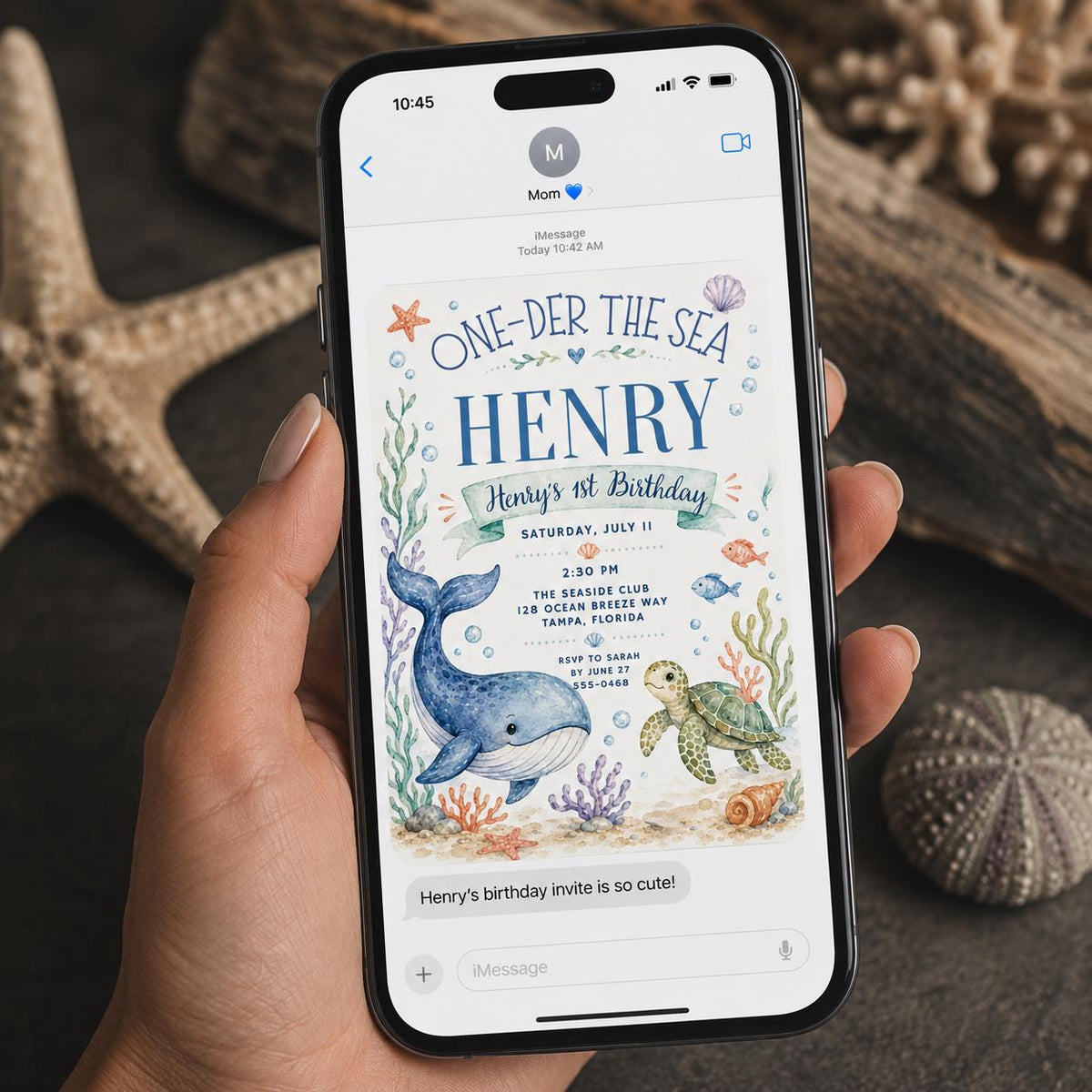 Whale One-der the Sea First Birthday Invitation — ocean and turtle design