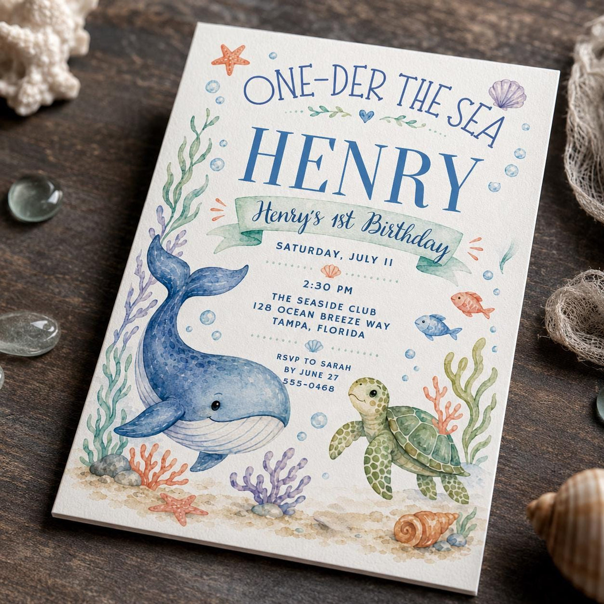Whale One-der the Sea First Birthday Invitation — digital invitation, instant download