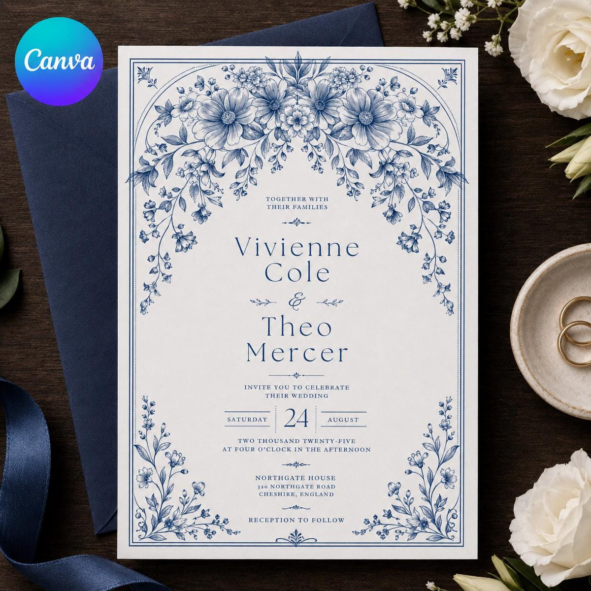 White Elegant Blue Floral Wedding Invitation — editable Canva template