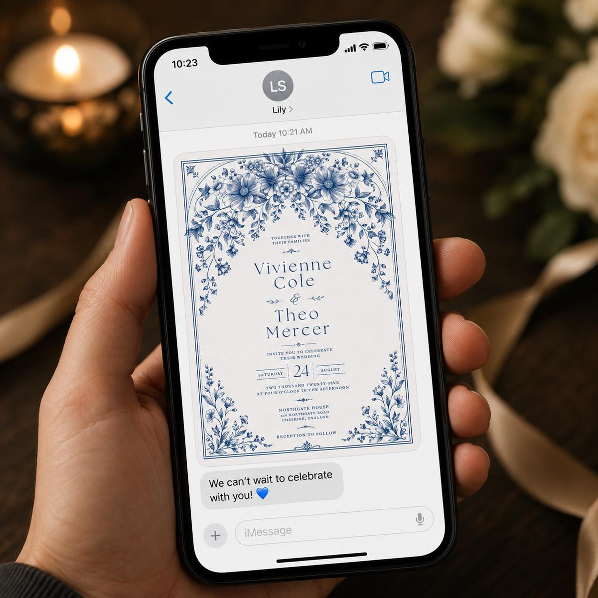 White Elegant Blue Floral Wedding Invitation — invitation you personalize in Canva
