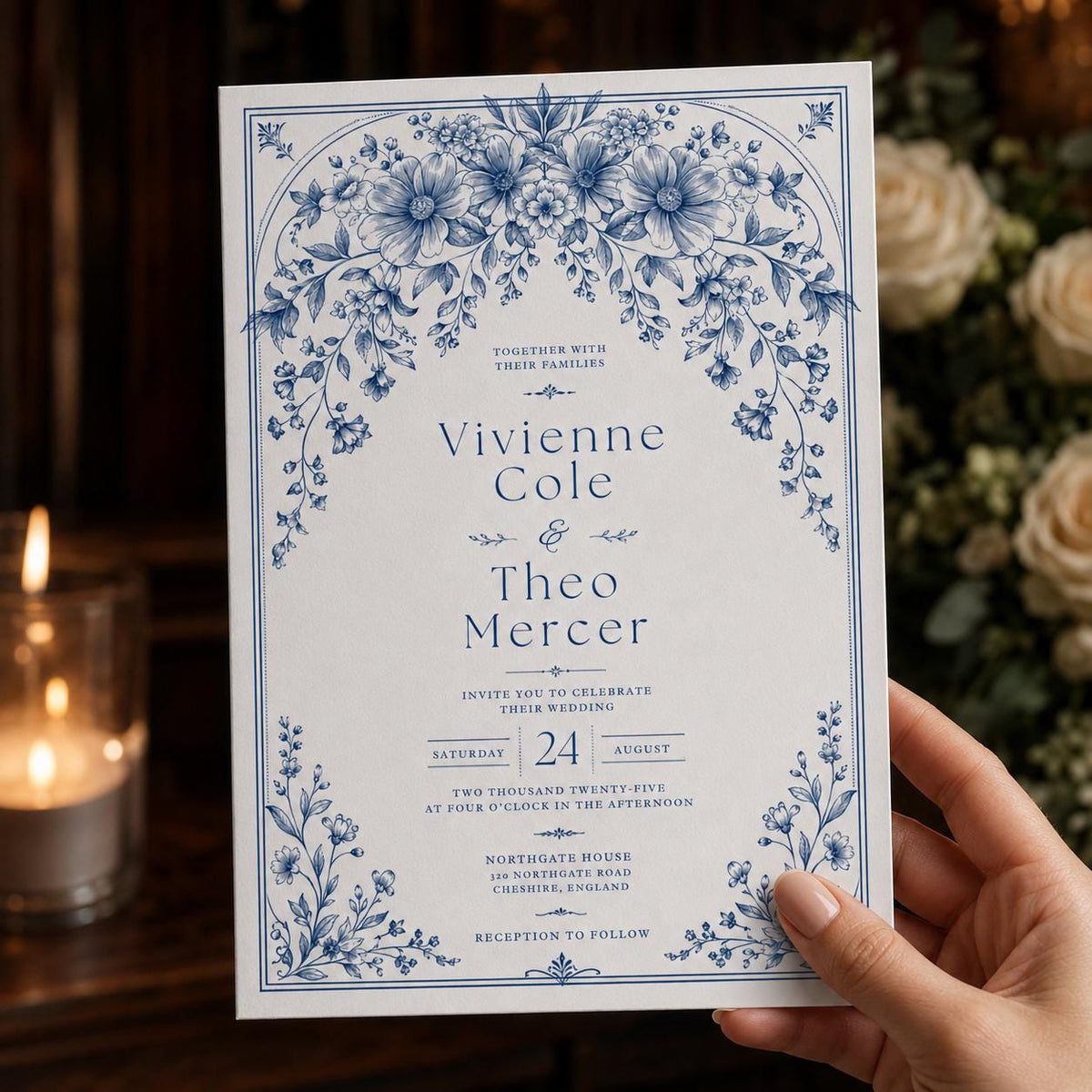 White Elegant Blue Floral Wedding Invitation — botanical wedding design