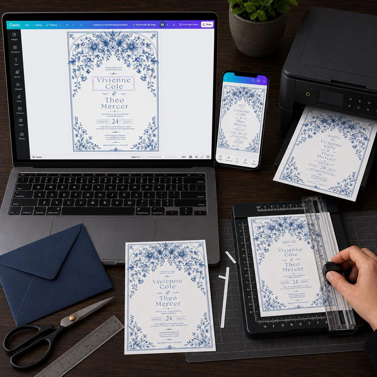 White Elegant Blue Floral Wedding Invitation — print-ready wedding design from VoltBy