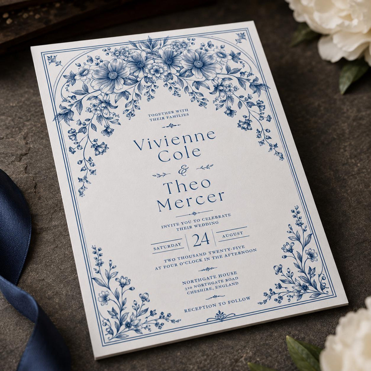 White Elegant Blue Floral Wedding Invitation — digital invitation, instant download
