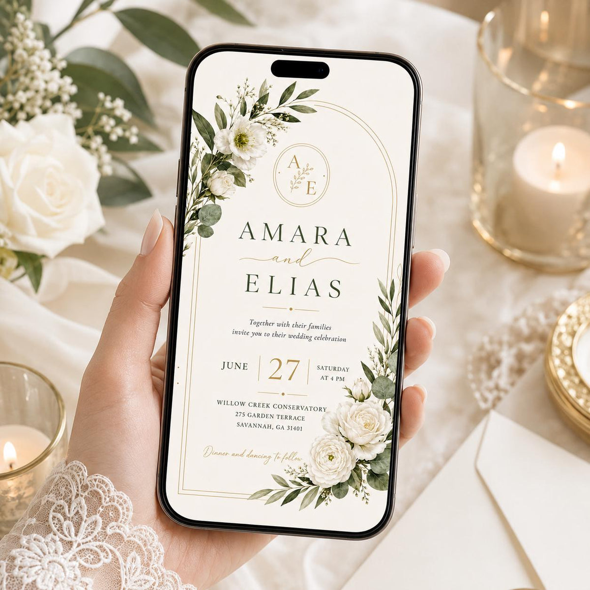 White Elegant Wedding Invitation — floral and greenery design