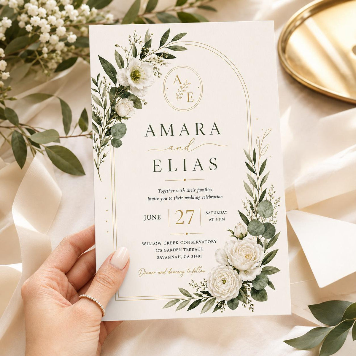 White Elegant Wedding Invitation — botanical wedding design