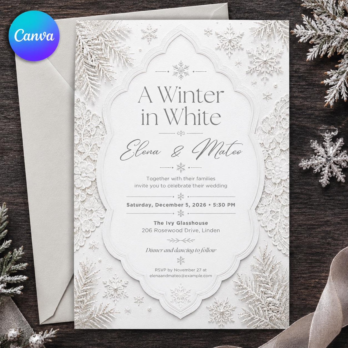 White Elegant Winter Wedding Invitation — editable Canva template