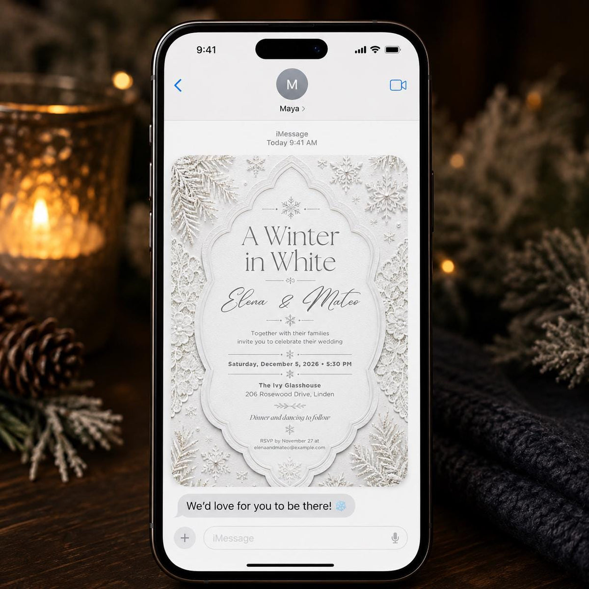 White Elegant Winter Wedding Invitation — snowflake design