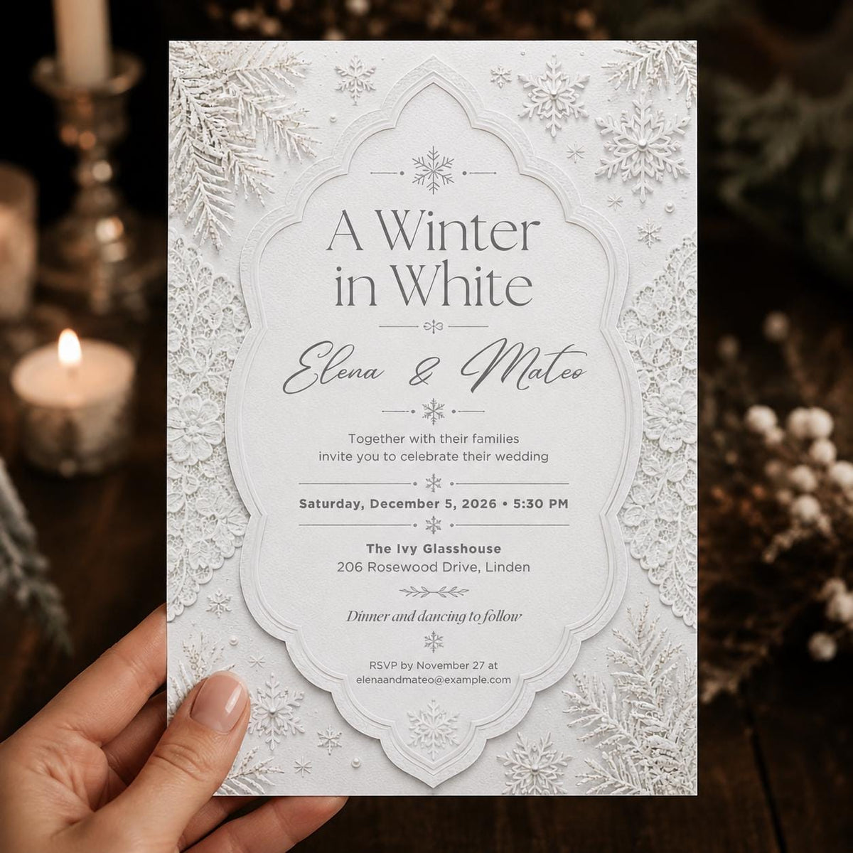 White Elegant Winter Wedding Invitation — invitation you personalize in Canva