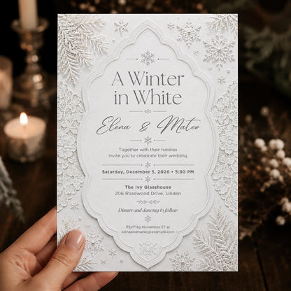 White Elegant Winter Wedding Invitation — invitation you personalize in Canva