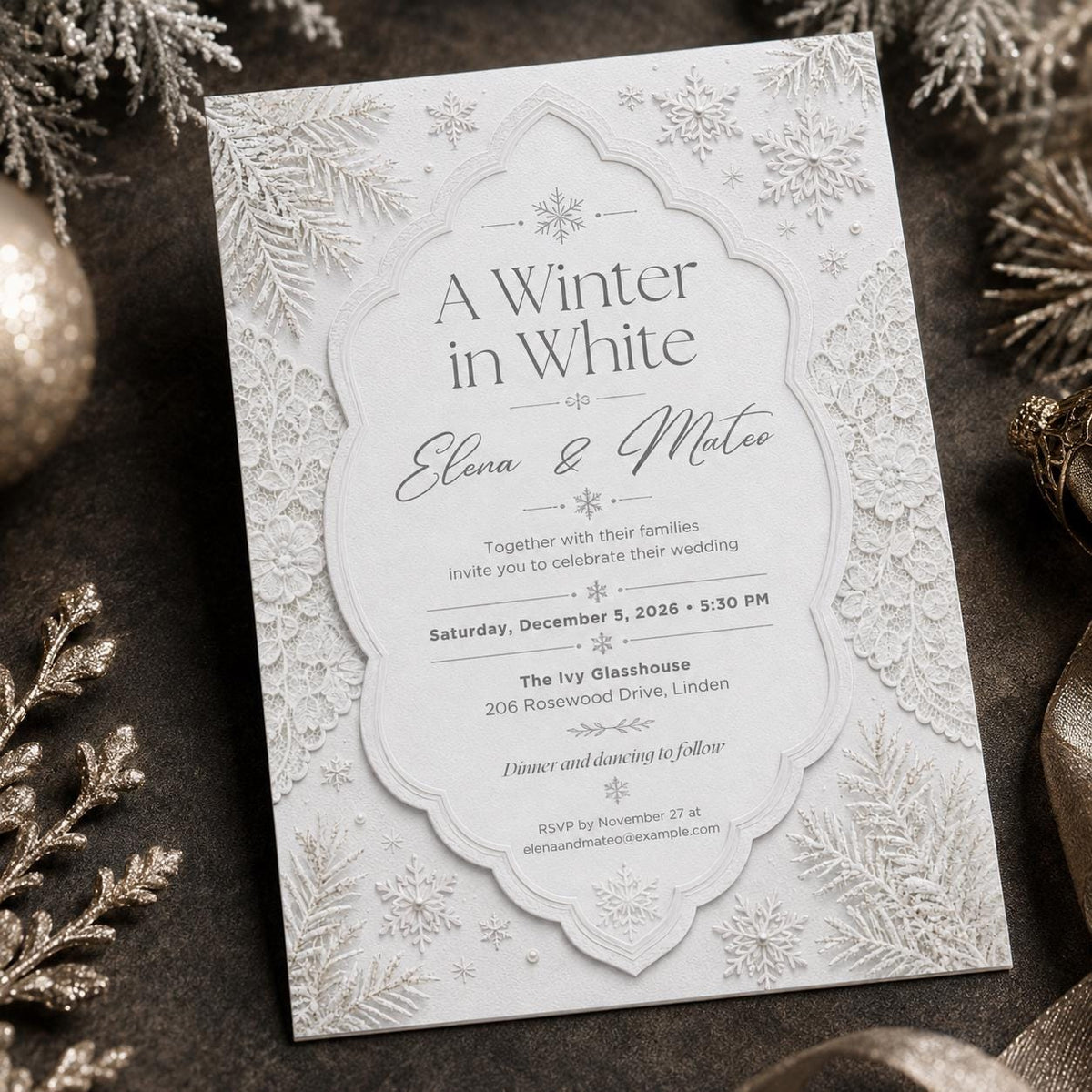 White Elegant Winter Wedding Invitation — digital invitation, instant download