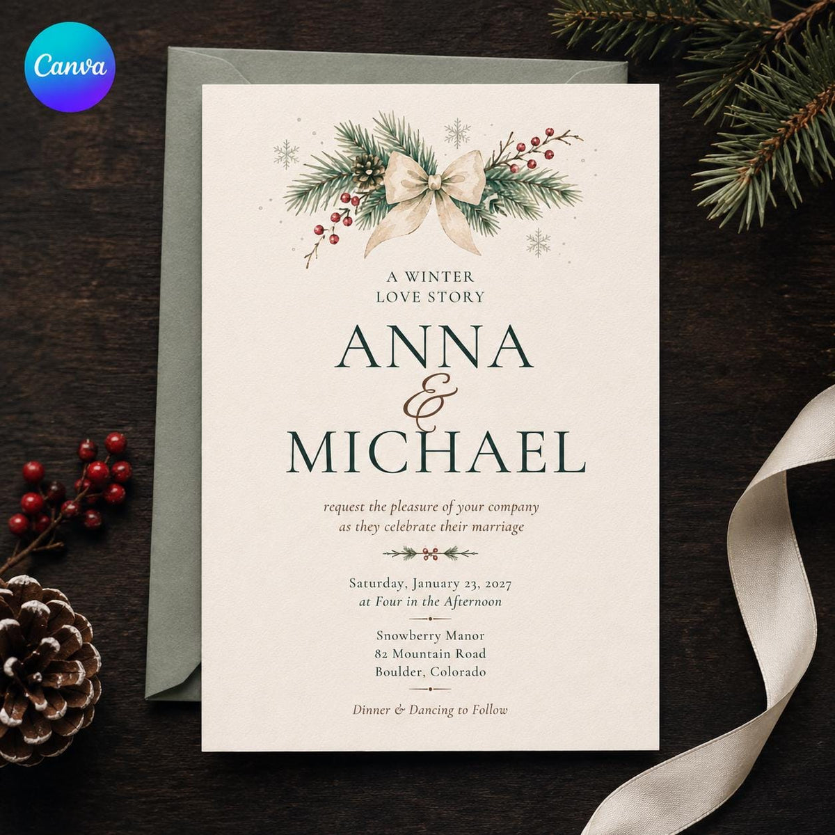 White Elegant Winter Wedding Invitation: Evergreen Bow Christmas Wedding — editable Canva template