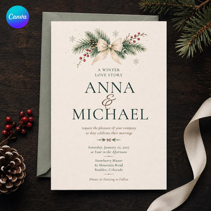White Elegant Winter Wedding Invitation: Evergreen Bow Christmas Wedding — editable Canva template