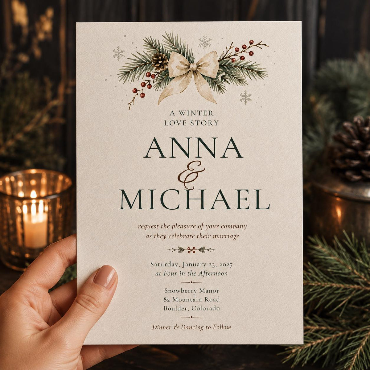 White Elegant Winter Wedding Invitation: Evergreen Bow Christmas Wedding — invitation you personalize in Canva
