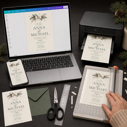 White Elegant Winter Wedding Invitation: Evergreen Bow Christmas Wedding — print-ready wedding design from VoltBy