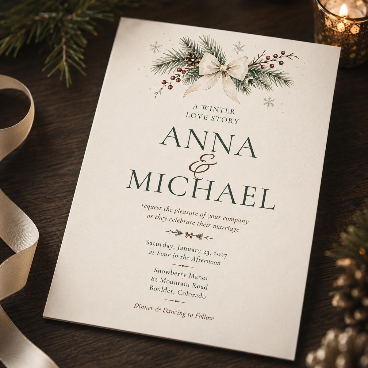 White Elegant Winter Wedding Invitation: Evergreen Bow Christmas Wedding — digital invitation, instant download