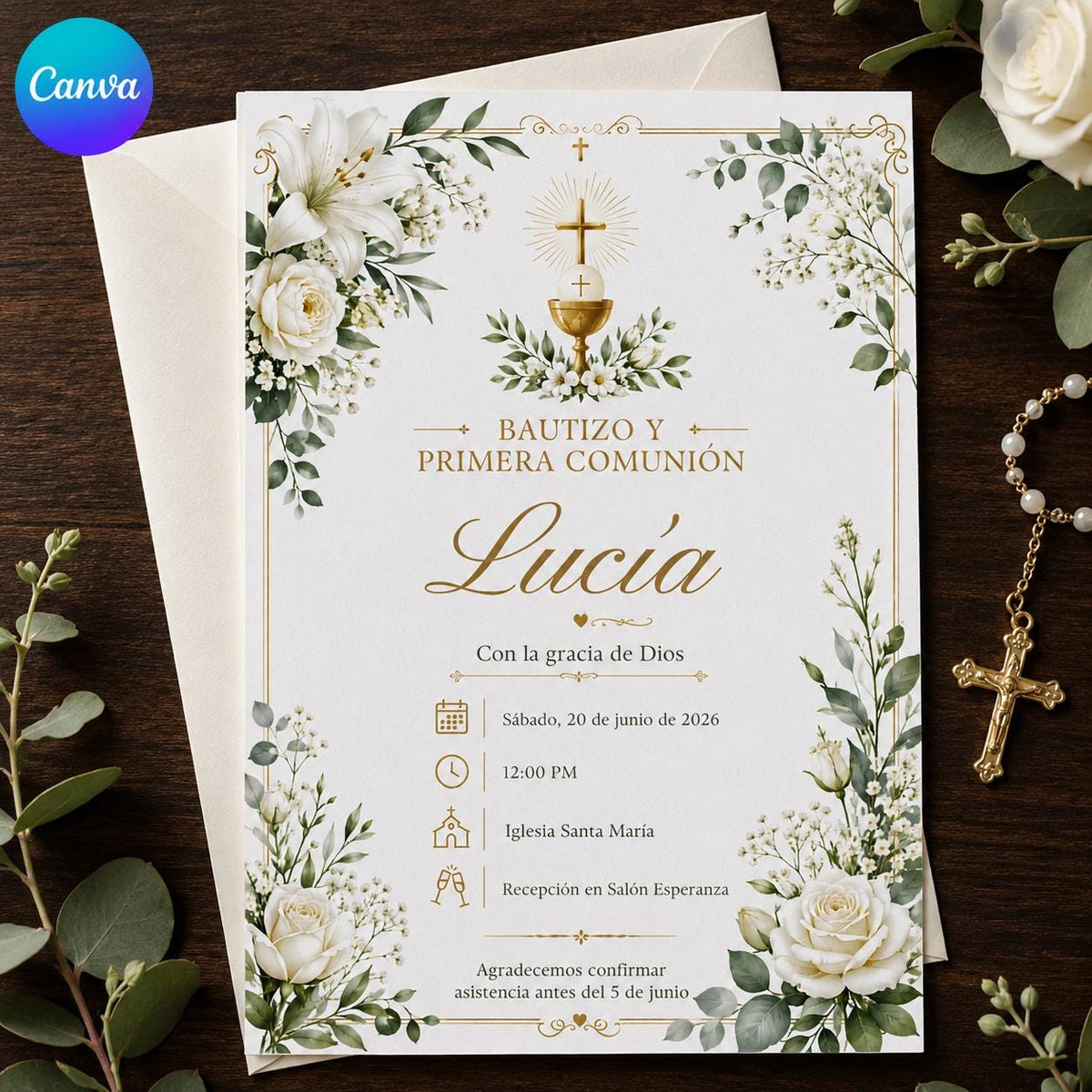 White Floral Bautizo y Primera Comunión Invitation — editable Canva template