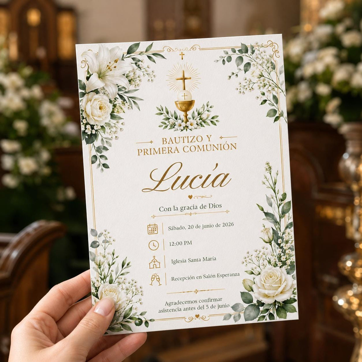 White Floral Bautizo y Primera Comunión Invitation — print-ready baptism design from VoltBy