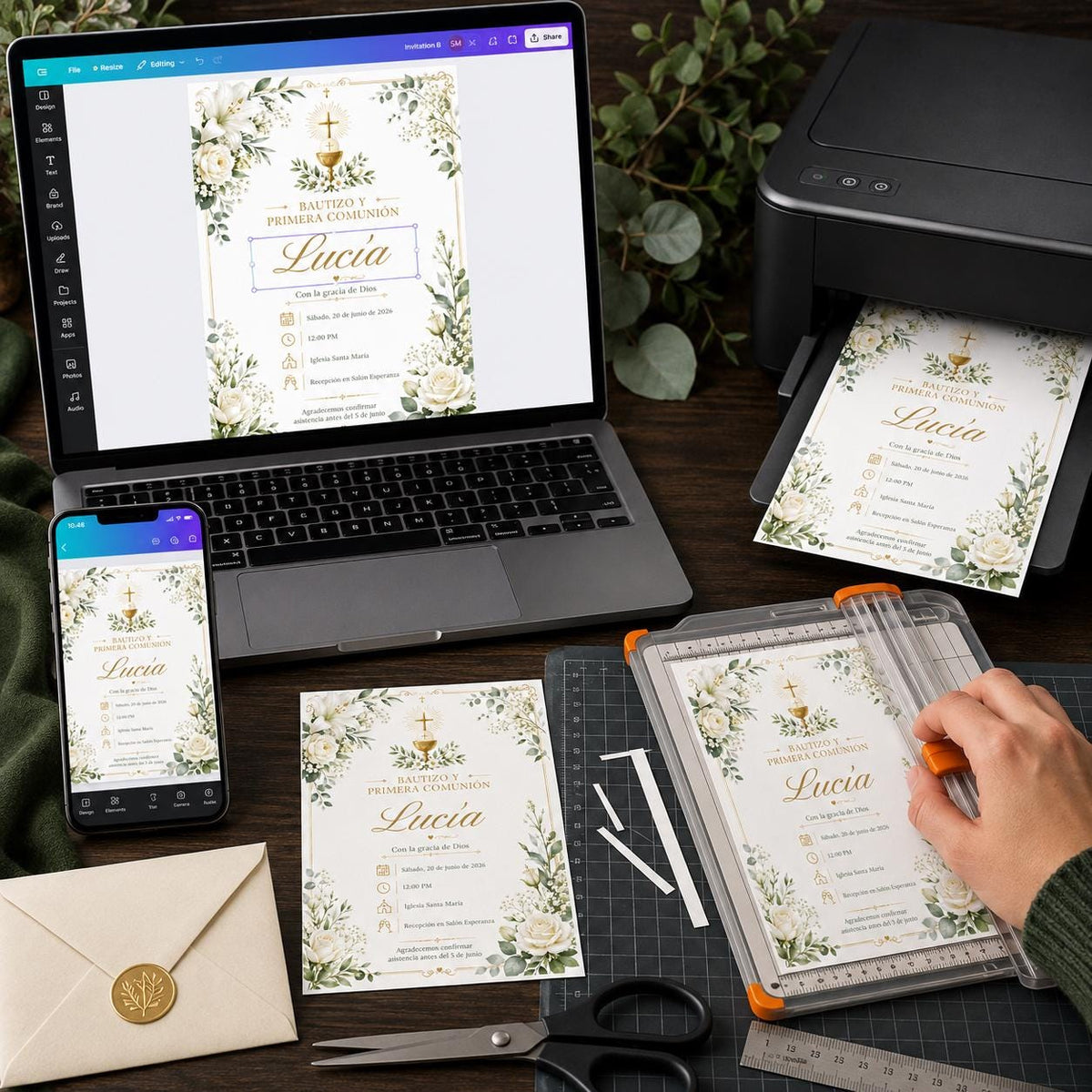 White Floral Bautizo y Primera Comunión Invitation — digital invitation, instant download