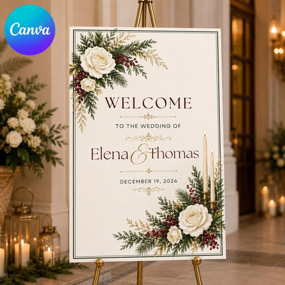 White Retro Christmas Wedding Welcome Sign — editable Canva template