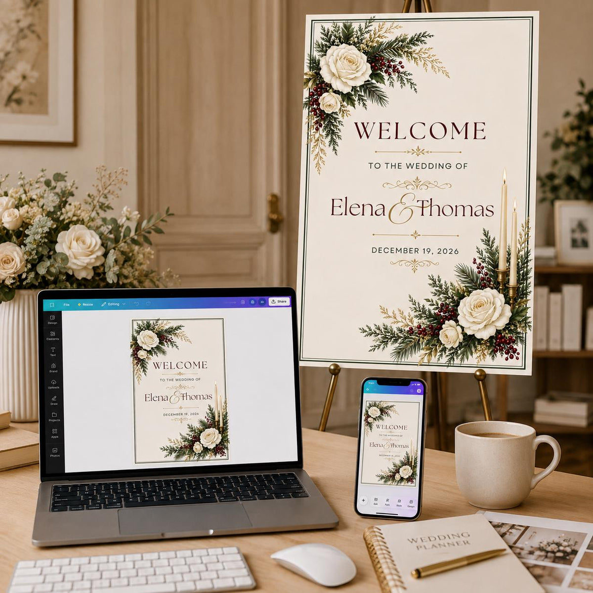 White Retro Christmas Wedding Welcome Sign — greenery and rose design