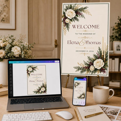 White Retro Christmas Wedding Welcome Sign — greenery and rose design