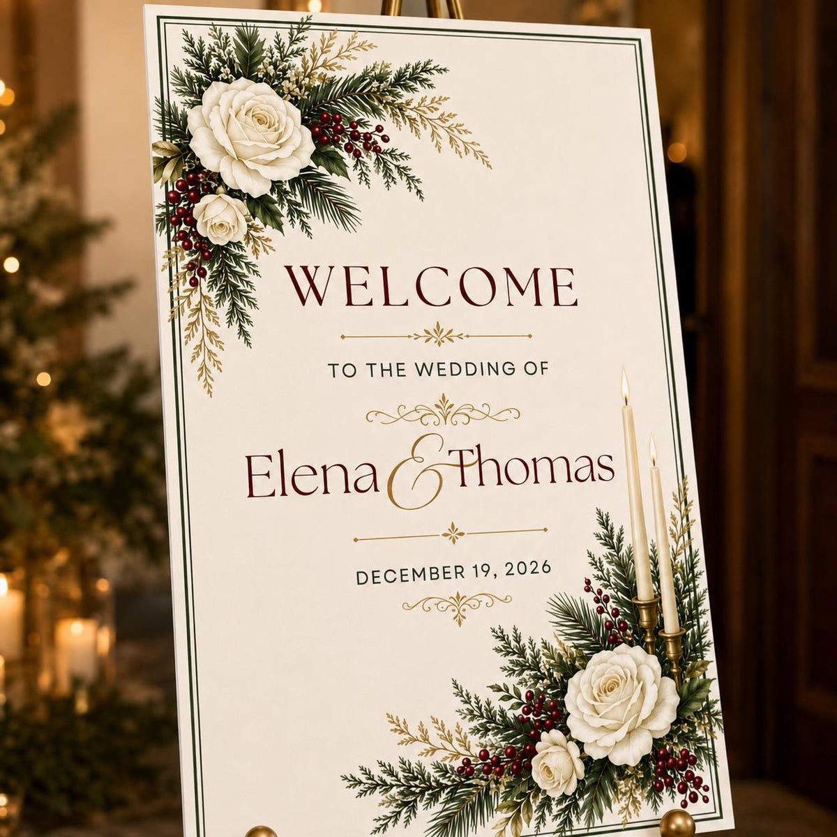 White Retro Christmas Wedding Welcome Sign — print-ready wedding design from VoltBy