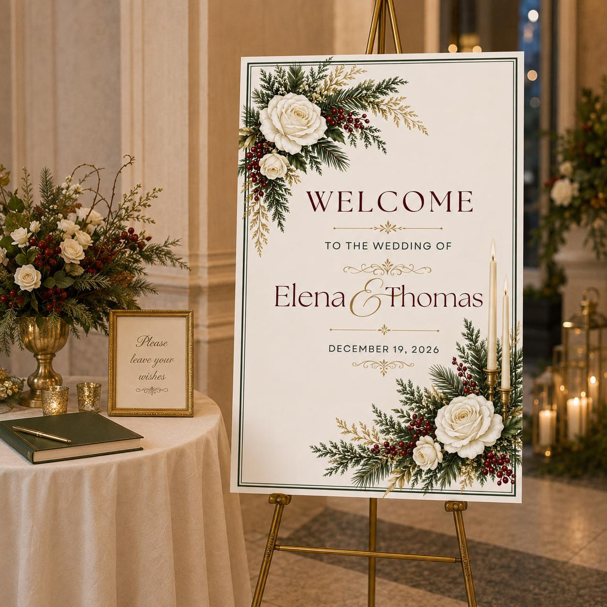White Retro Christmas Wedding Welcome Sign — digital welcome sign, instant download