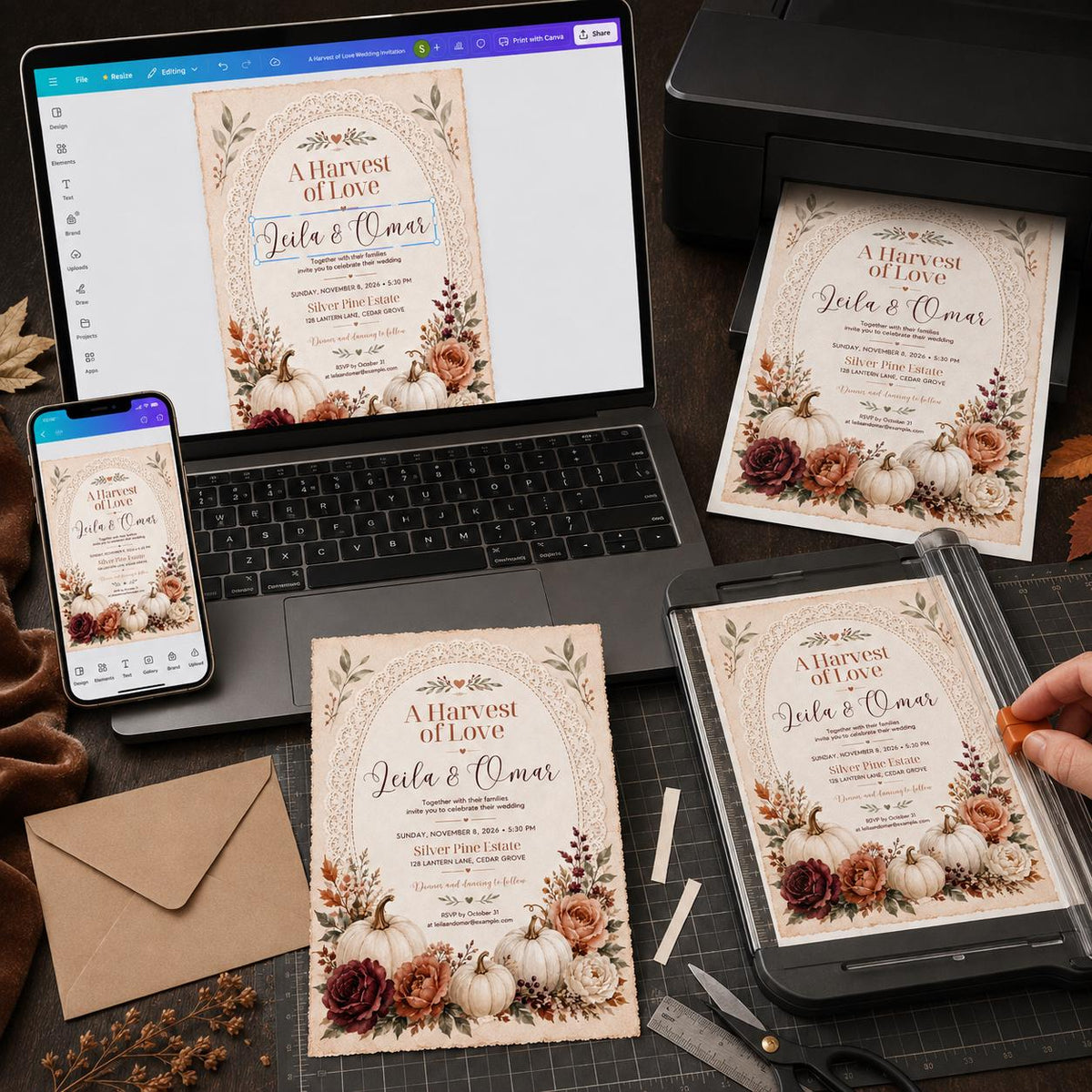White Rustic Fall Wedding Invitation — floral and harvest design