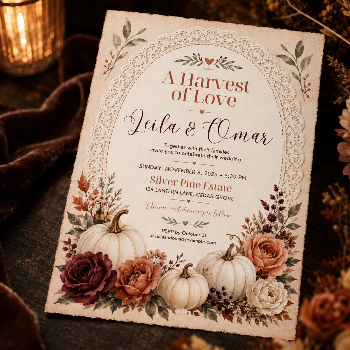White Rustic Fall Wedding Invitation — invitation you personalize in Canva
