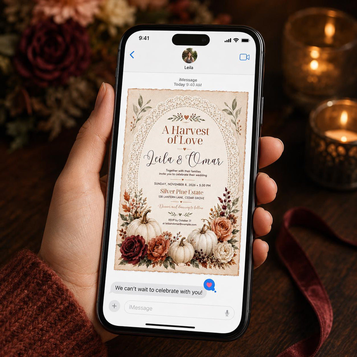 White Rustic Fall Wedding Invitation — boho wedding design