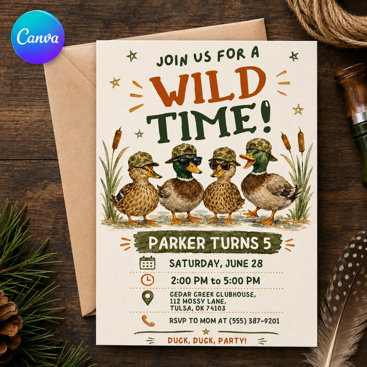 Wild Duck 5th Birthday Invitation — editable Canva template