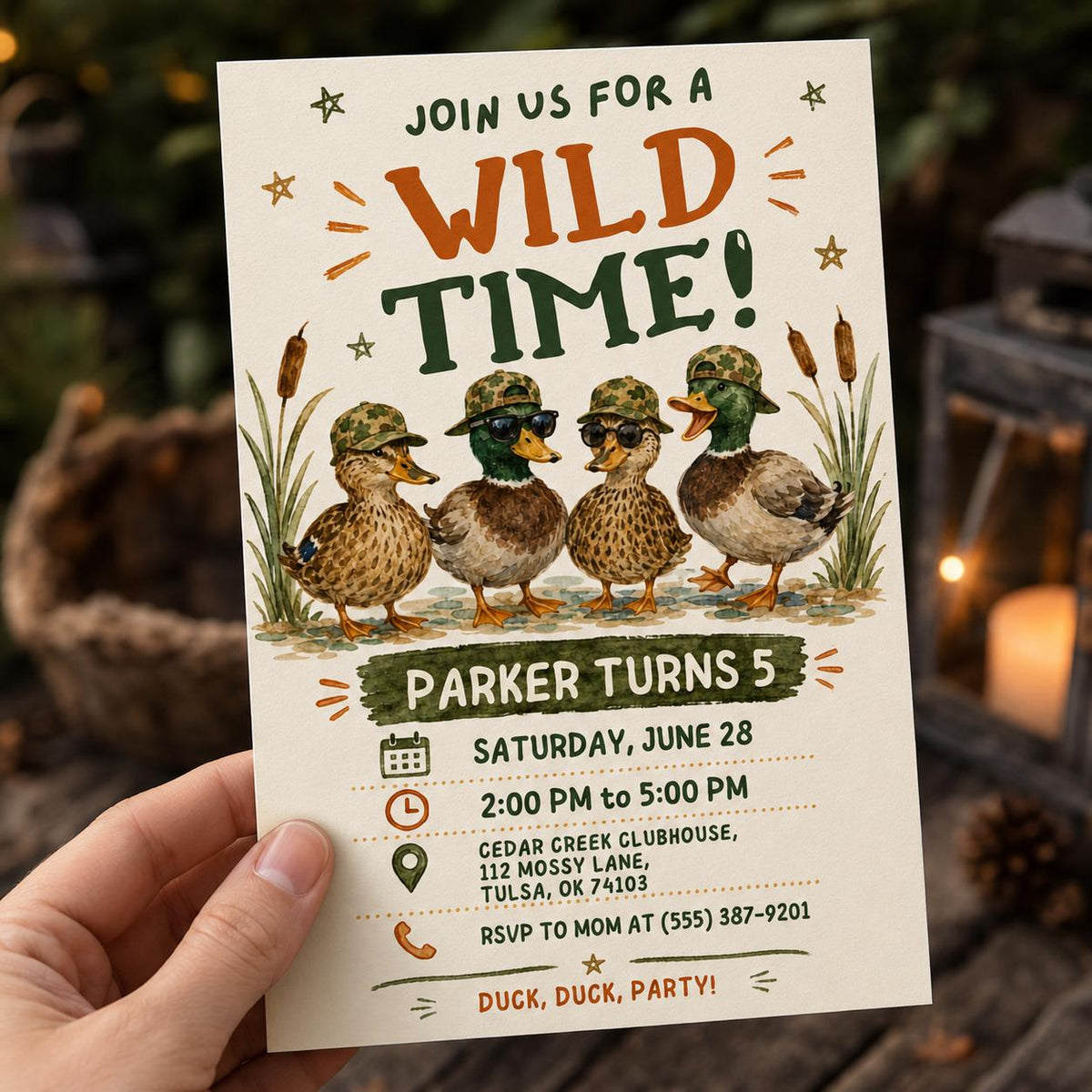Wild Duck 5th Birthday Invitation — print-ready 5th birthday party design from VoltBy