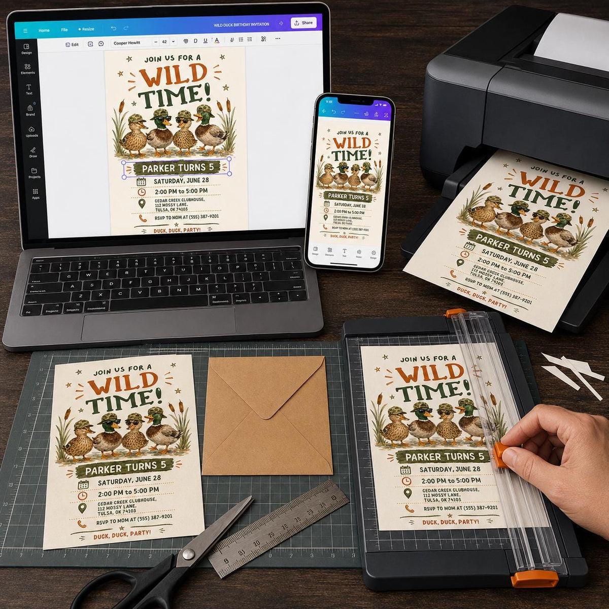Wild Duck 5th Birthday Invitation — digital invitation, instant download