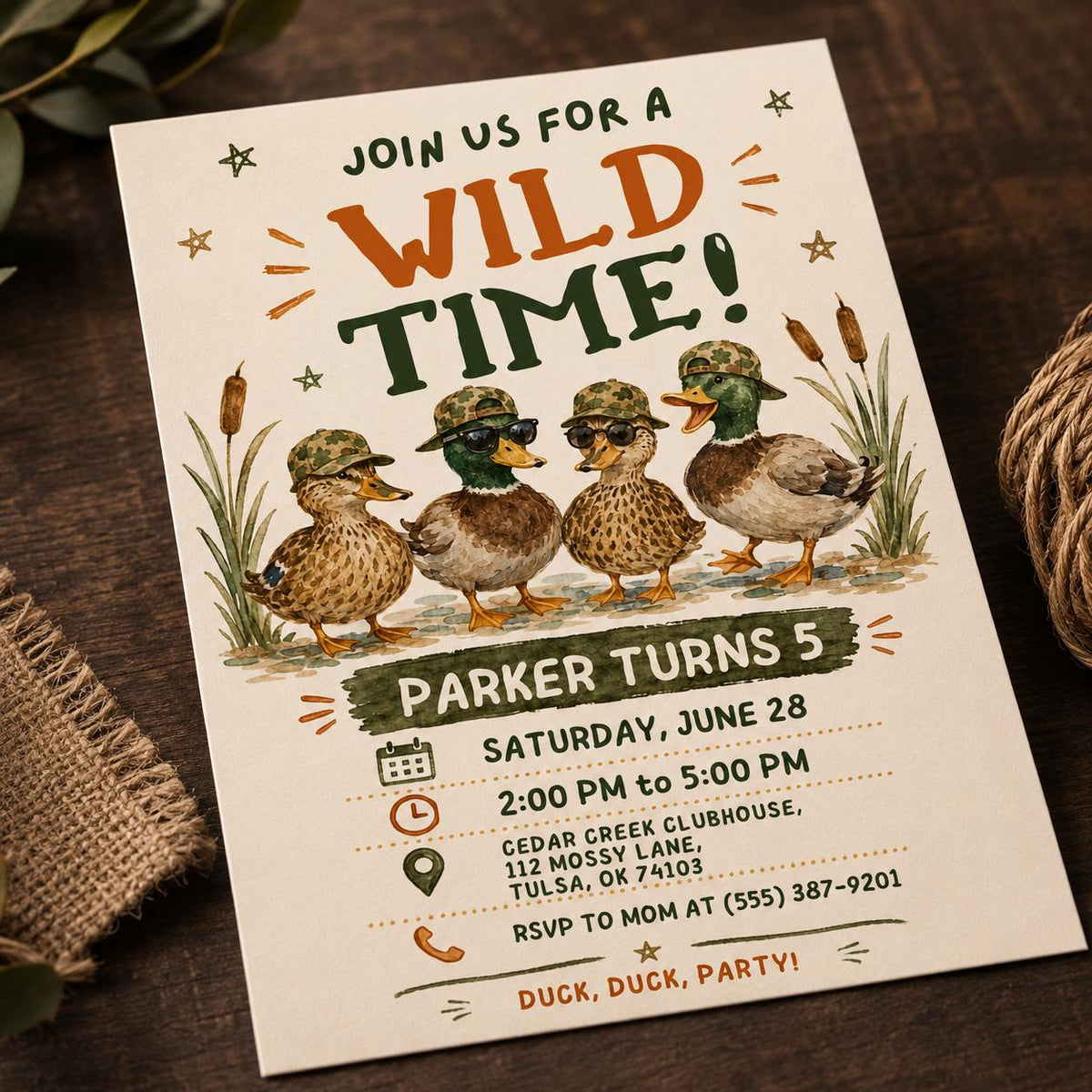 Wild Duck 5th Birthday Invitation — 5th birthday party stationery by VoltBy