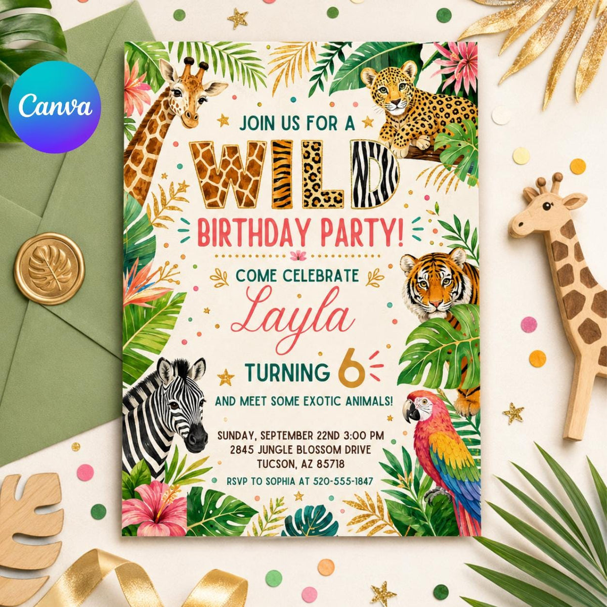 Wild Safari 6th Birthday Invitation with Animal Print Lettering — editable Canva template