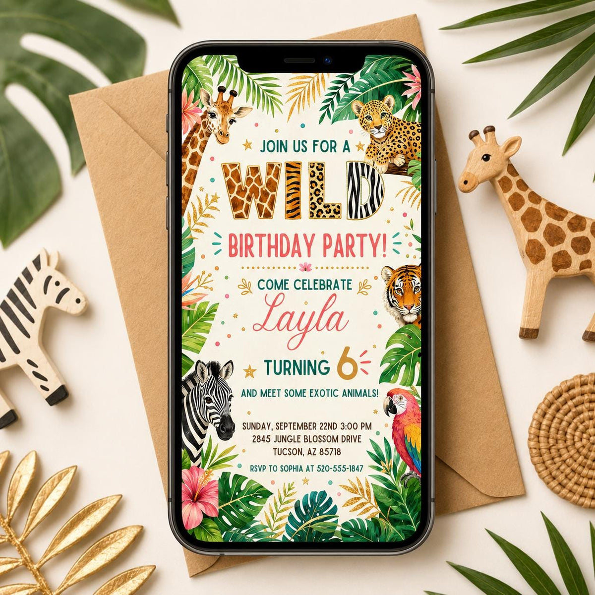 Wild Safari 6th Birthday Invitation with Animal Print Lettering in cream and green
