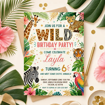 Wild Safari 6th Birthday Invitation with Animal Print Lettering — leaf design
