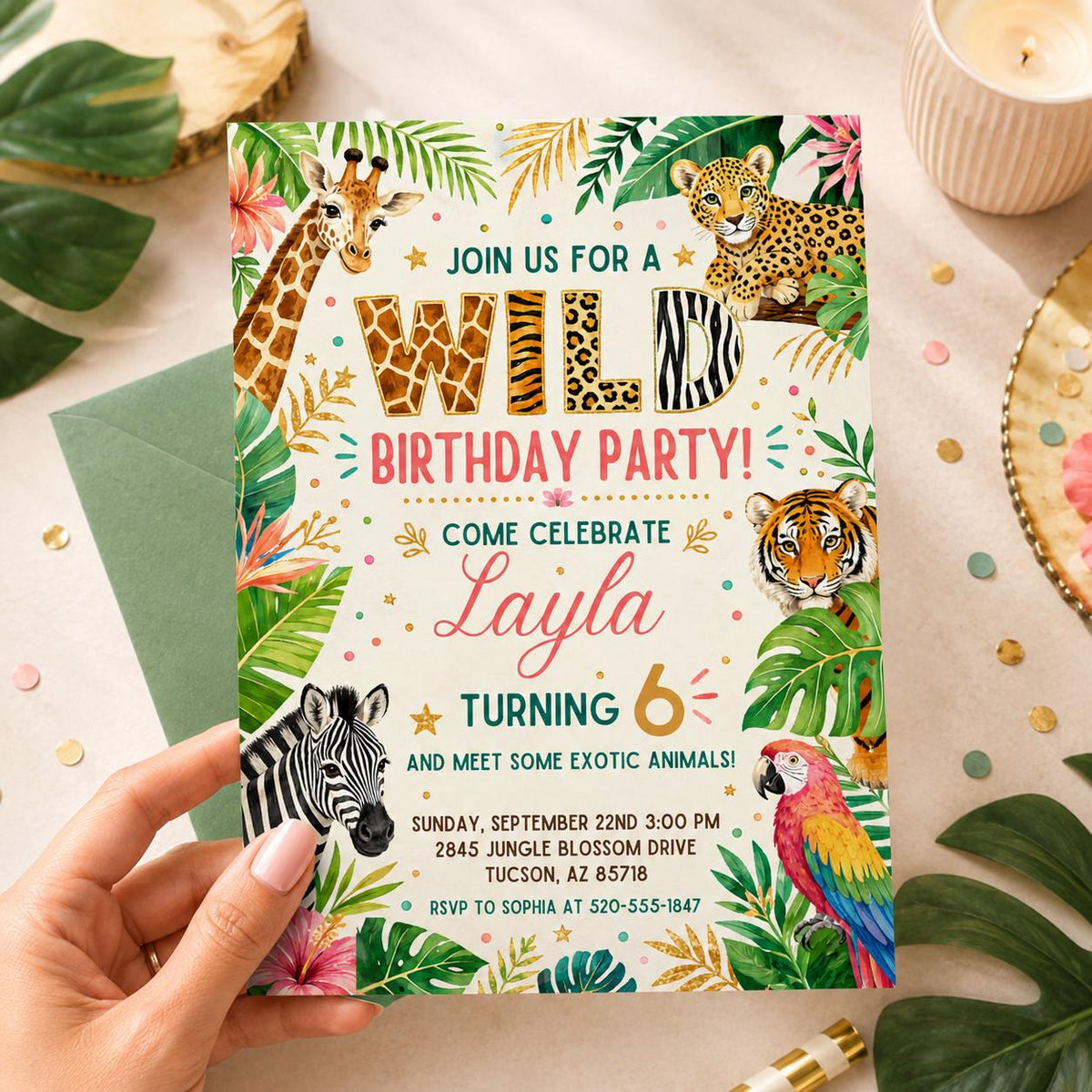 Wild Safari 6th Birthday Invitation with Animal Print Lettering — leaf artwork in cream and green