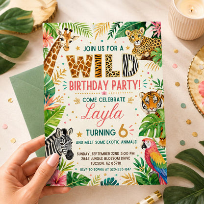 Wild Safari 6th Birthday Invitation with Animal Print Lettering — leaf artwork in cream and green
